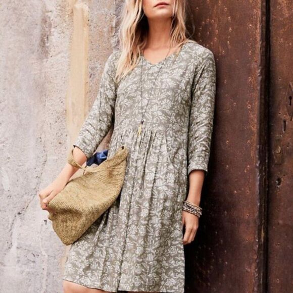 Garnet Hill Size 2 Tan Floral Bohemian V Neck 3/4 Sleeve Pocket Dress Fall - Picture 1 of 14